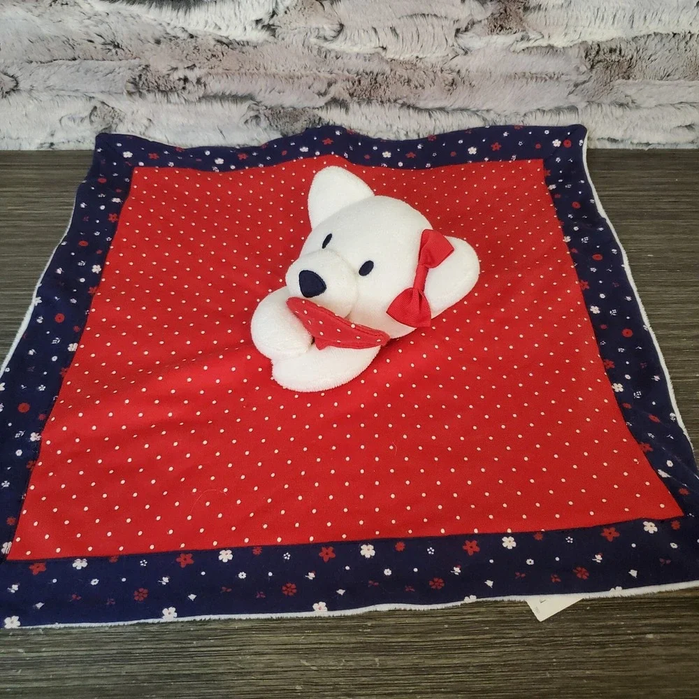 Gymboree White Bear Lovey Security Blanket Red Blue Polka Dot Floral 14